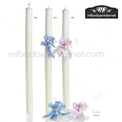 Cirio blanco bautizo 50 cms. con decoración flor vichy celeste