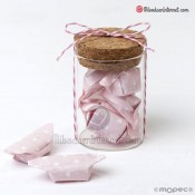 Tarro cristal tapón corcho y 5 caramelos rosas