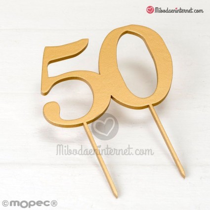 Caketopper 50 aniversario madera color oro
