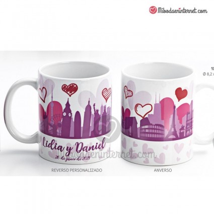 Taza Boda Viajes y Corazones con caja regalo