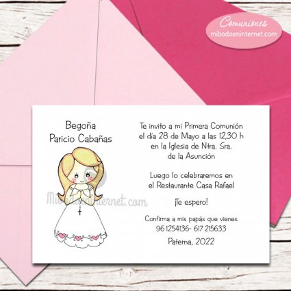 Invitación Primera Comunion Lucia con sobre incluido