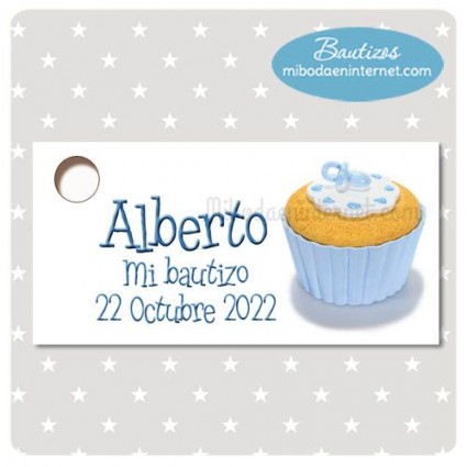 BA145T Etiqueta Detalle Bautizo Cupcake celeste