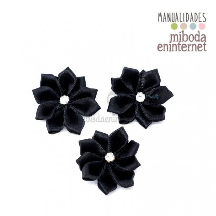 3 ud Flor raso negro con strass 3 cms