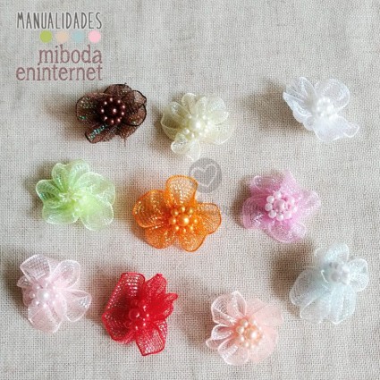 10 ud Flor organza fantasía surtido mix con aplique perlas