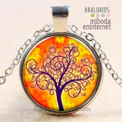 Collar cabuchón redondo arbol de la vida tonos naranja