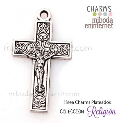 Charm metal plateado Cruz labrada con Cristo