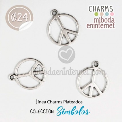 Charm metal plateado brillante Simbolo Paz 24mm