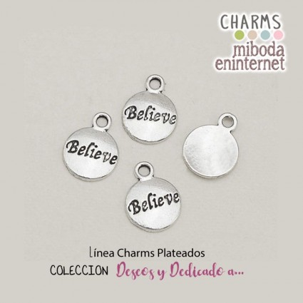 Charm metal plateado redondo BELIEVE