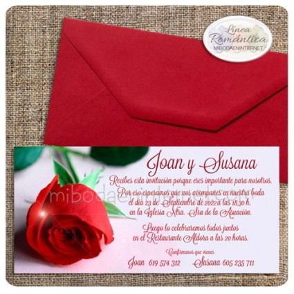 Invitación Boda + Sobre Rojo Carmín Rosa Deluxe