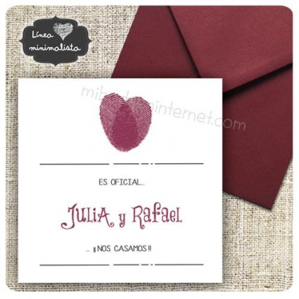 Invitación Boda Huellas Cuadrada con sobre burdeos 120 gr