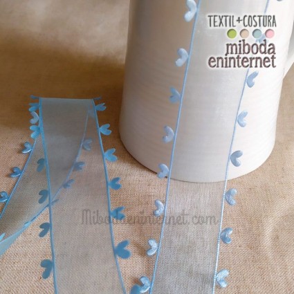 Lazo Fantasía Organza 25mm con corazones celeste