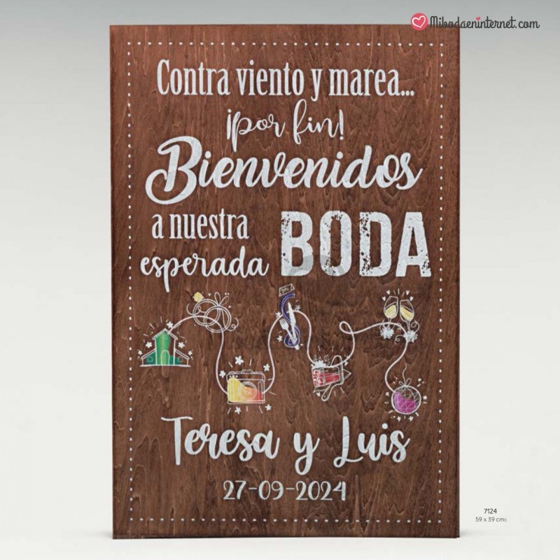 Cartel rectangular personalizado para boda con nombres, fecha y bienvenida  Script