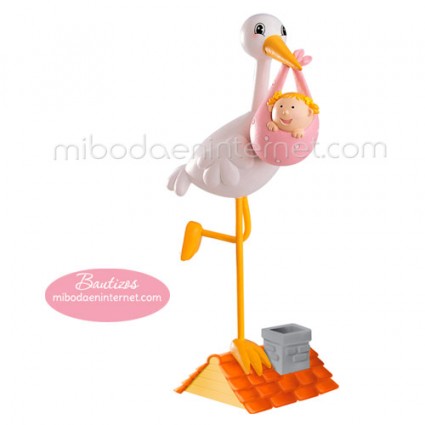 Figura Pastel Cigüeña Tejado Rosa 18 cms