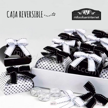 Caja reversible blanco y negro con lazo y 3 bombones