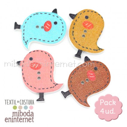 Botón Infantil Madera Pajarito Pack 4 ud