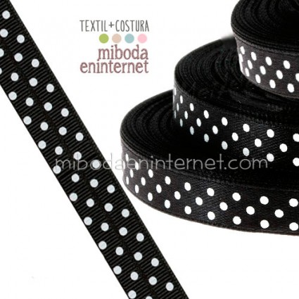 Cinta Grosgrain Negra lunares blancos 10 mm - Metro