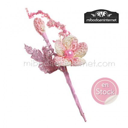 Ramillete de Flor rosa y blanca con perla 10 cms