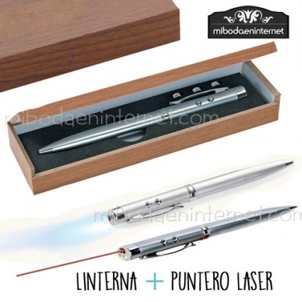 Boligrafo metal linterna y laser en caja madera