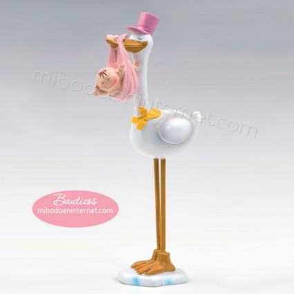 Figura pastel Bautizo cigüeña fina Pita gorro rosa 22 cm