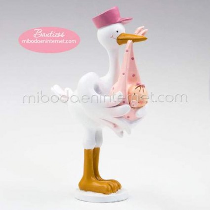 Figura pastel Bautizo cigüeña Pita gorro rosa 20 cm