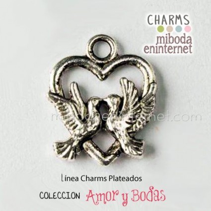 Charm Corazón con pájaros plateado